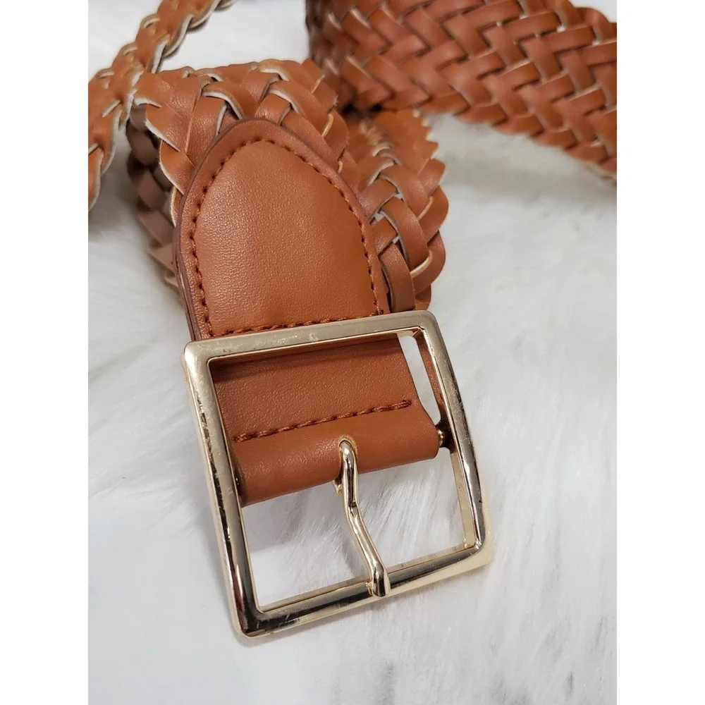 Vintage Nautica Braided Leather Belt tan brown brass buckle nautical old‎ money